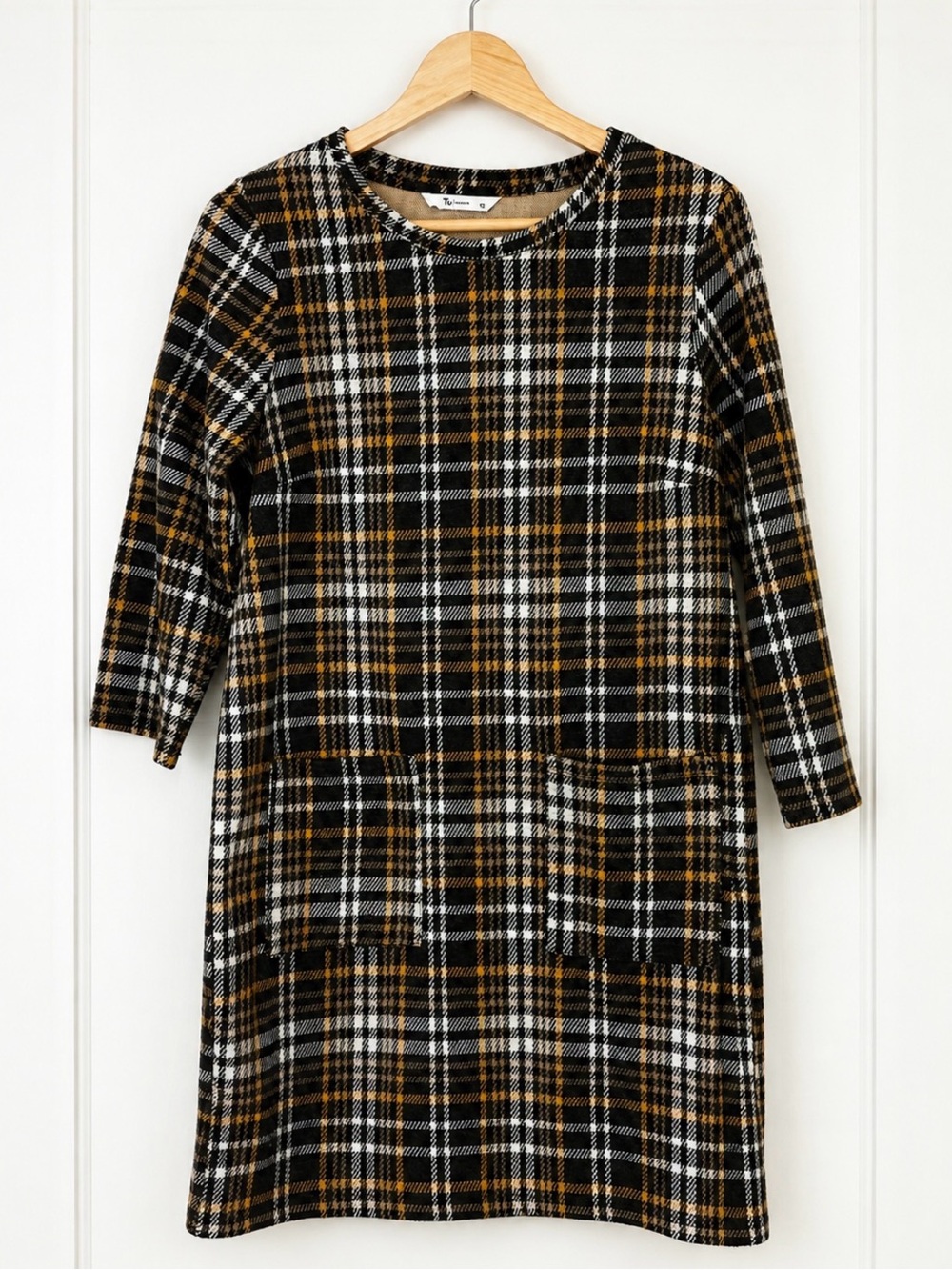 TU Woman Plaid Knit Shift Dress Pockets 3/4 Sleeve Size 12 Fall Cozy